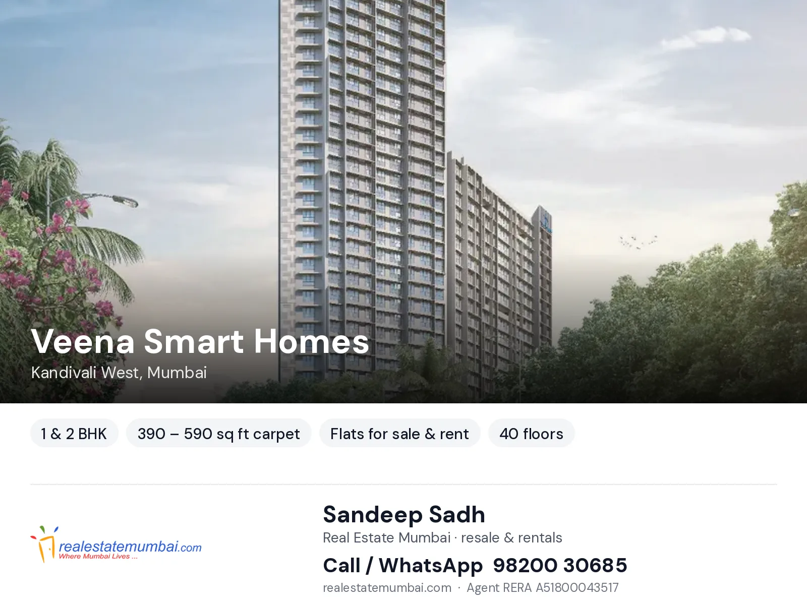 Veena Smart Homes, Kandivali West, Mumbai — 1 & 2 BHK flats for sale & rent | Real Estate Mumbai, Sandeep Sadh 98200 30685