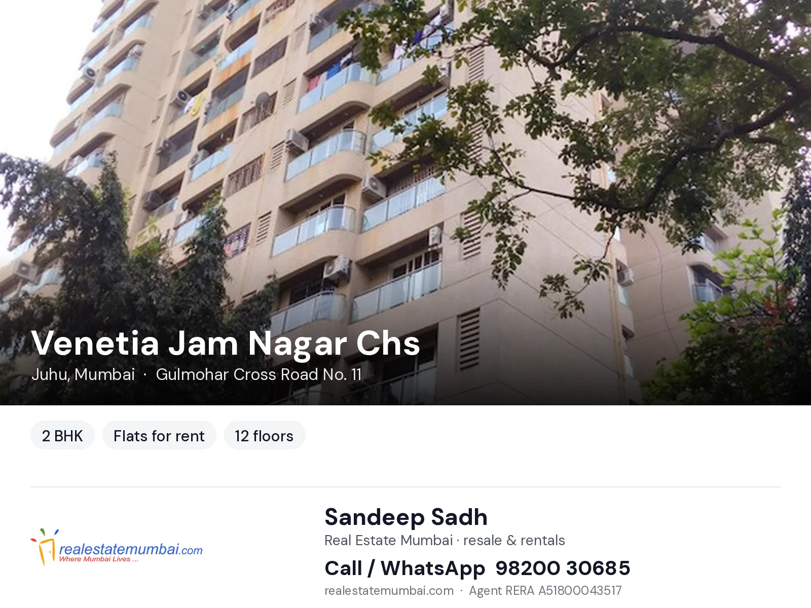 Venetia Jam Nagar Chs, Juhu, Mumbai — 2 BHK flats for rent | Real Estate Mumbai, Sandeep Sadh 98200 30685