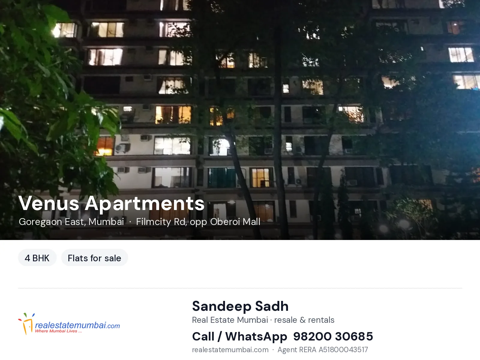 Venus Apartments, Goregaon East, Mumbai — 4 BHK flats for sale | Real Estate Mumbai, Sandeep Sadh 98200 30685
