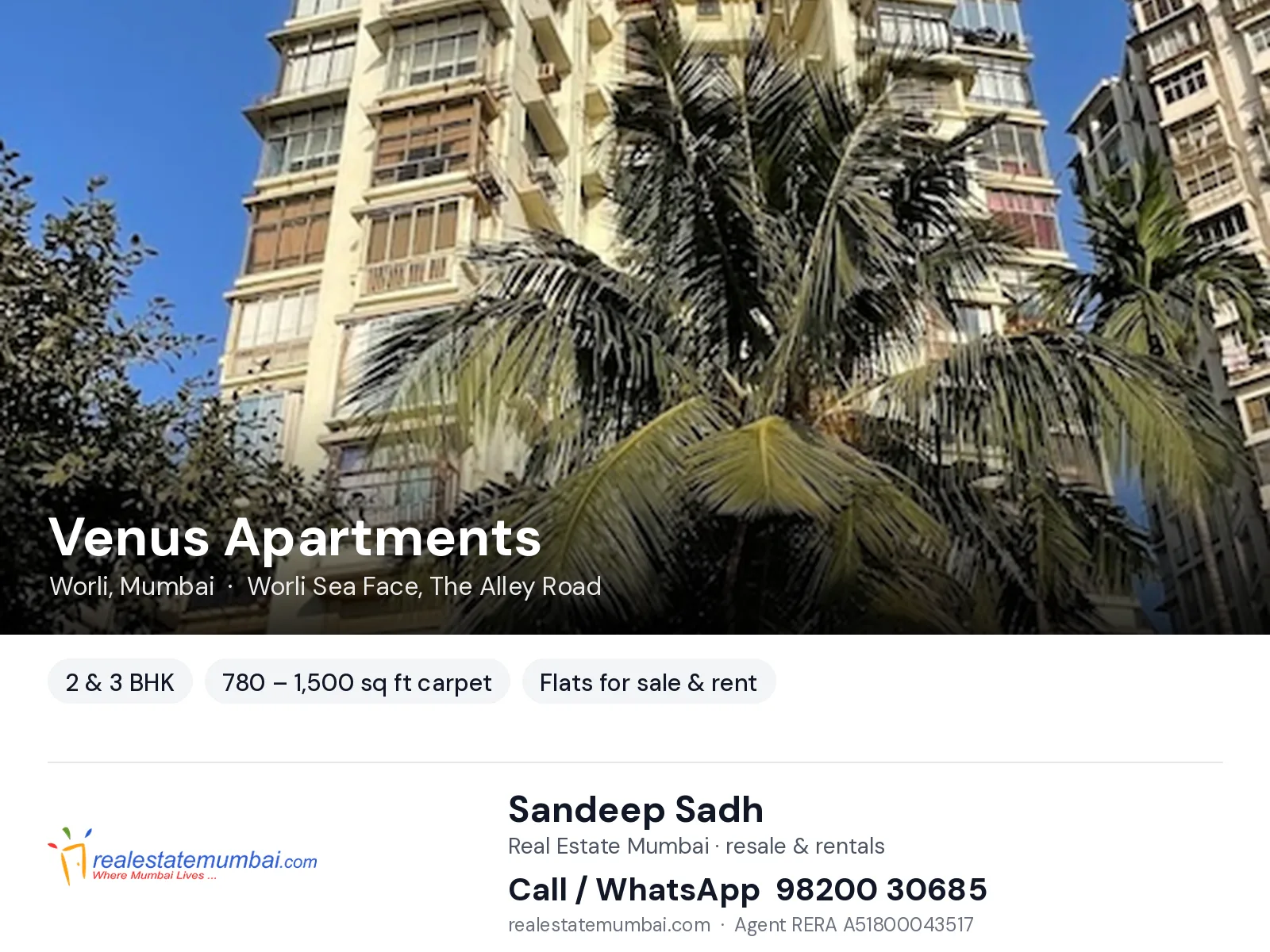 Venus Apartments, Worli, Mumbai — 2 & 3 BHK flats for sale & rent | Real Estate Mumbai, Sandeep Sadh 98200 30685
