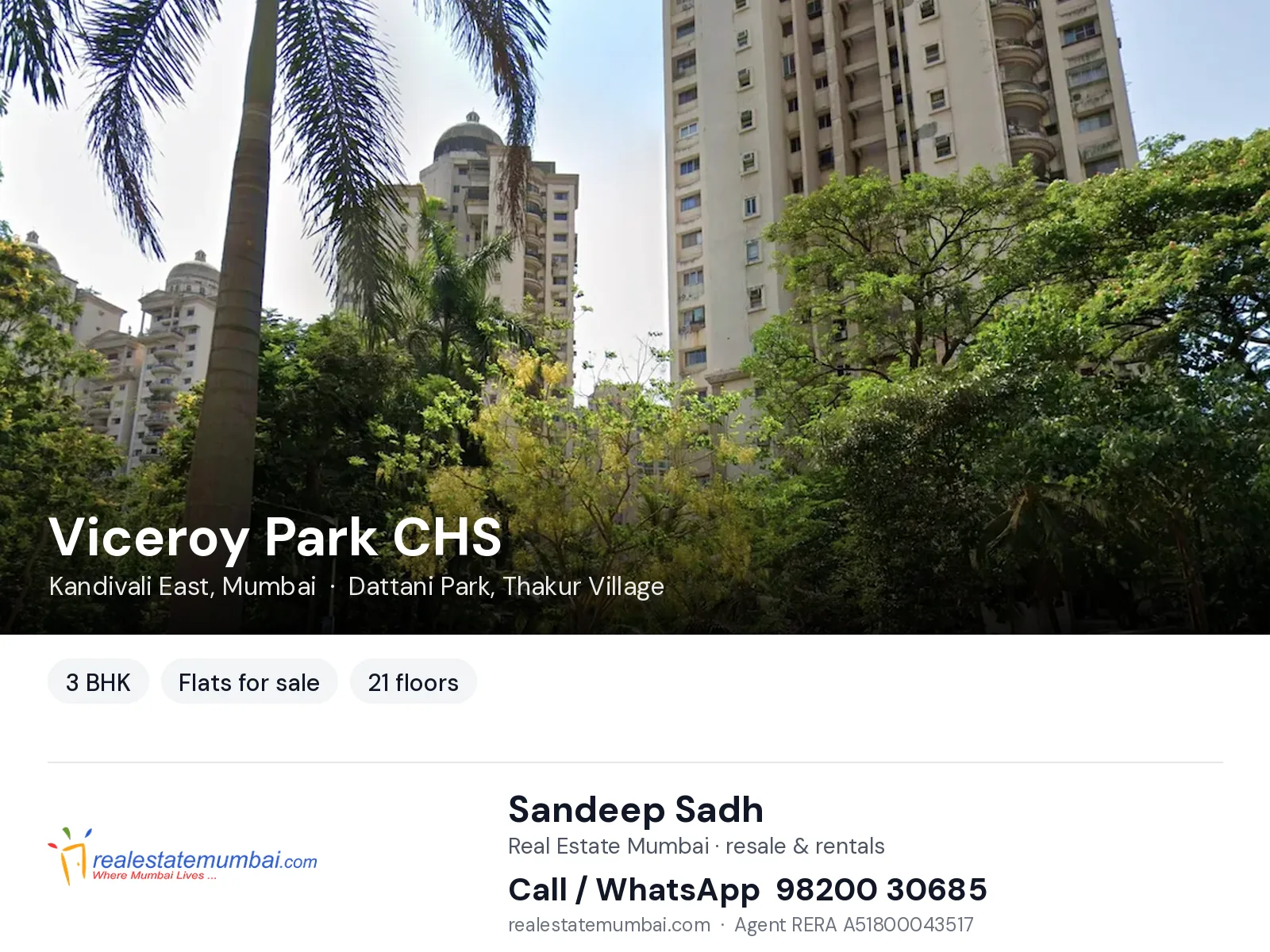 Viceroy Park CHS, Kandivali East, Mumbai — 3 BHK flats for sale | Real Estate Mumbai, Sandeep Sadh 98200 30685