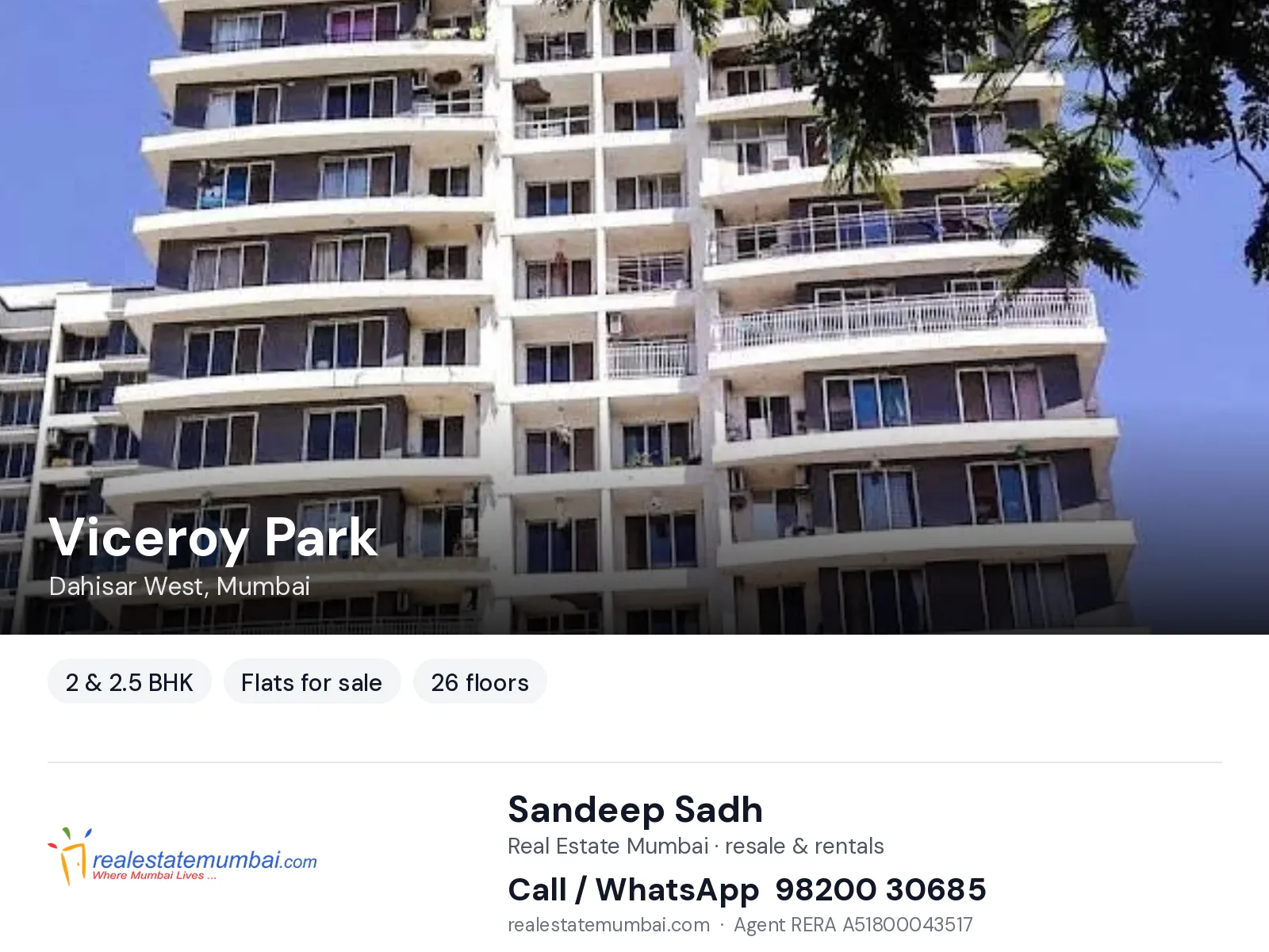 Viceroy Park, Dahisar West, Mumbai — 2 & 2.5 BHK flats for sale | Real Estate Mumbai, Sandeep Sadh 98200 30685