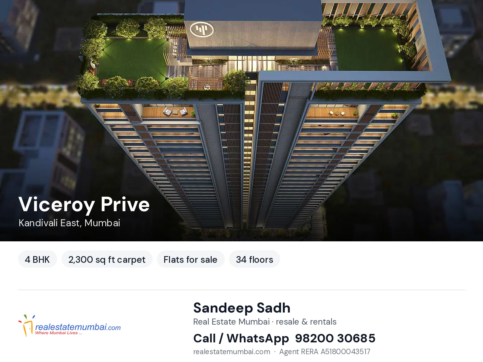 Viceroy Prive, Kandivali East, Mumbai — 4 BHK flats for sale | Real Estate Mumbai, Sandeep Sadh 98200 30685