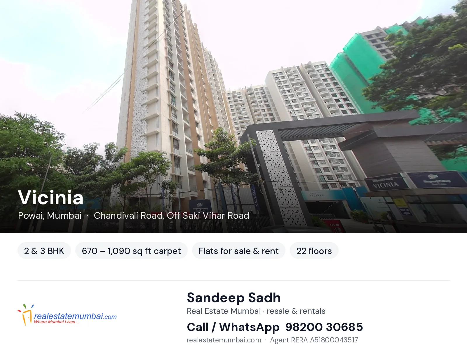 Vicinia, Powai, Mumbai — 2 & 3 BHK flats for sale & rent | Real Estate Mumbai, Sandeep Sadh 98200 30685