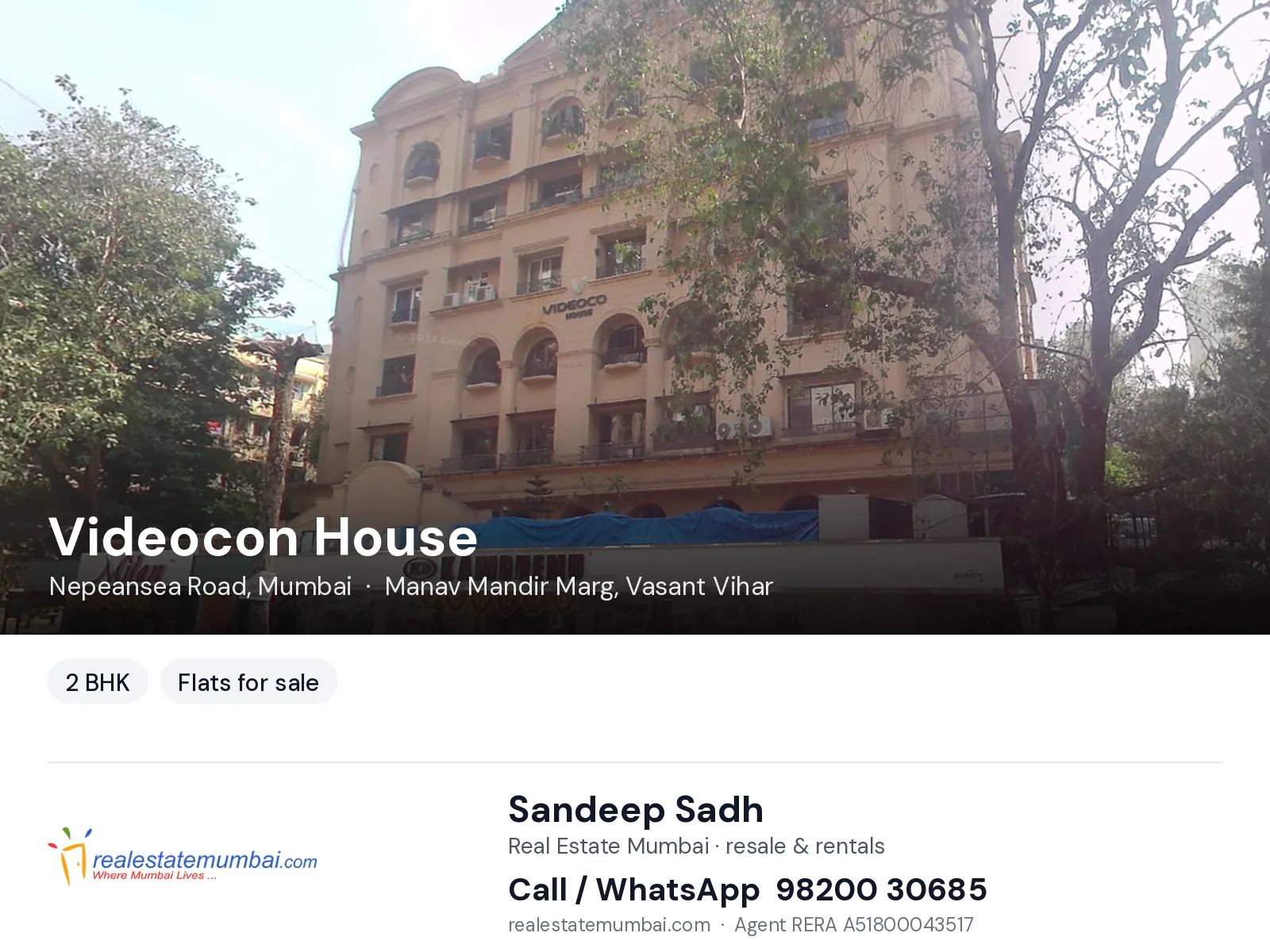 Videocon House, Nepeansea Road, Mumbai — 2 BHK flats for sale | Real Estate Mumbai, Sandeep Sadh 98200 30685