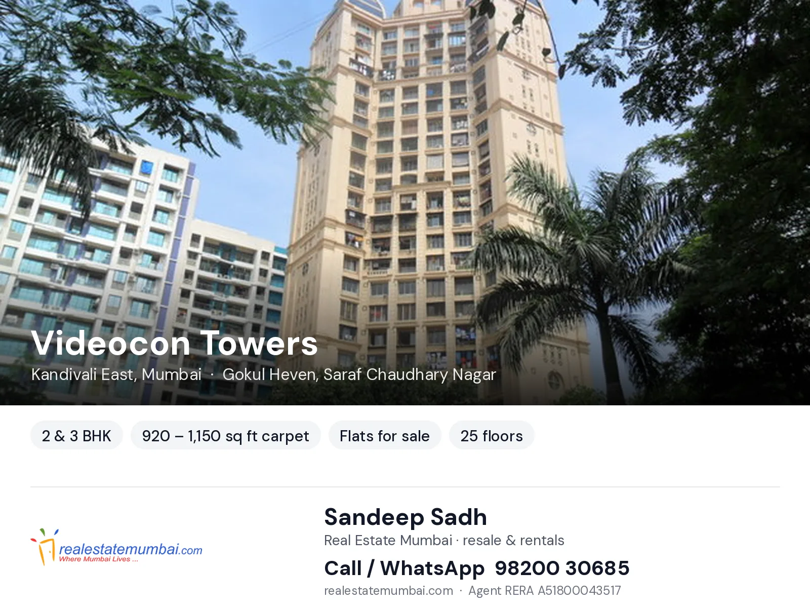 Videocon Towers, Kandivali East, Mumbai — 2 & 3 BHK flats for sale | Real Estate Mumbai, Sandeep Sadh 98200 30685