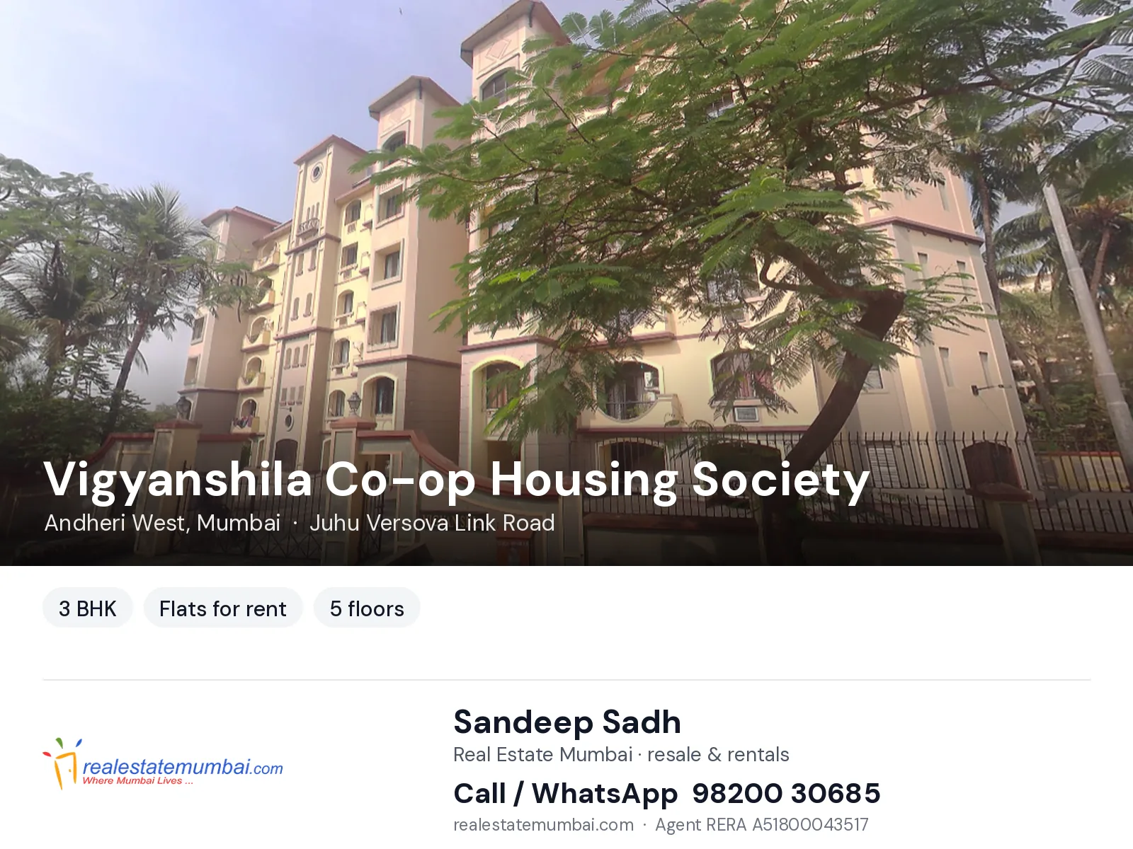 Vigyanshila Co-op Housing Society, Andheri West, Mumbai — 3 BHK flats for rent | Real Estate Mumbai, Sandeep Sadh 98200 30685