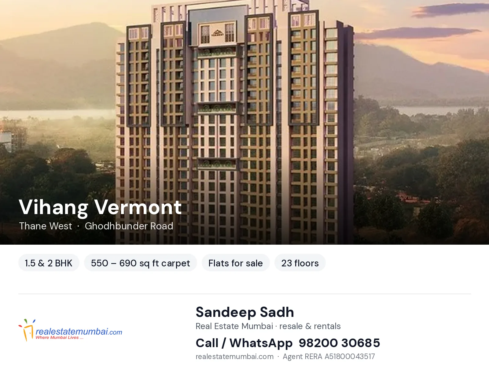 Vihang Vermont, Thane West — 1.5 & 2 BHK flats for sale | Real Estate Mumbai, Sandeep Sadh 98200 30685