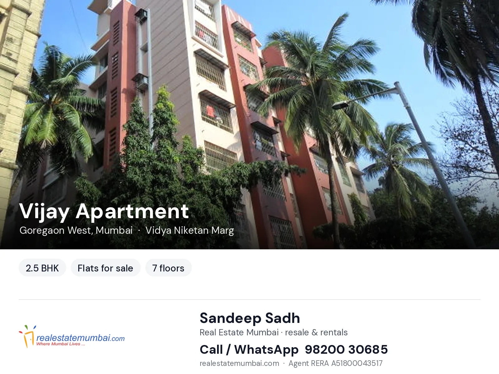 Vijay Apartment, Goregaon West, Mumbai — 2.5 BHK flats for sale | Real Estate Mumbai, Sandeep Sadh 98200 30685
