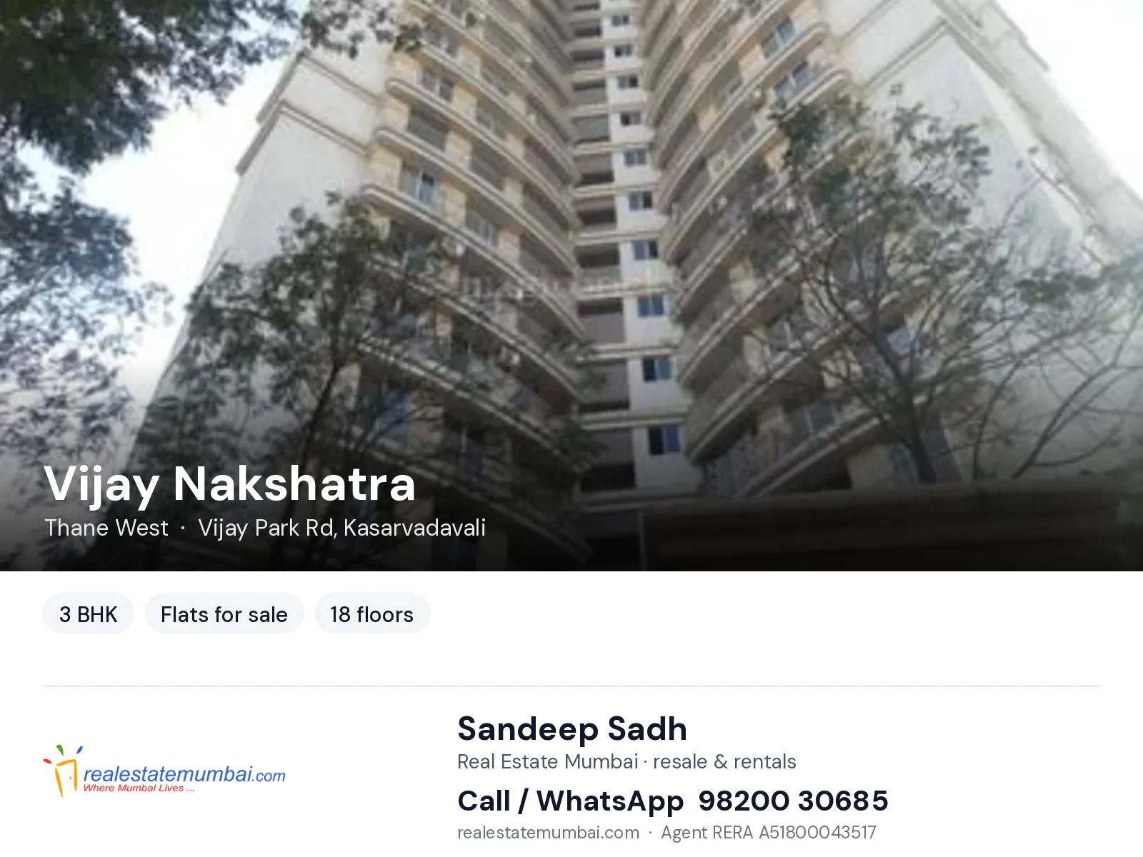 Vijay Nakshatra, Thane West — 3 BHK flats for sale | Real Estate Mumbai, Sandeep Sadh 98200 30685