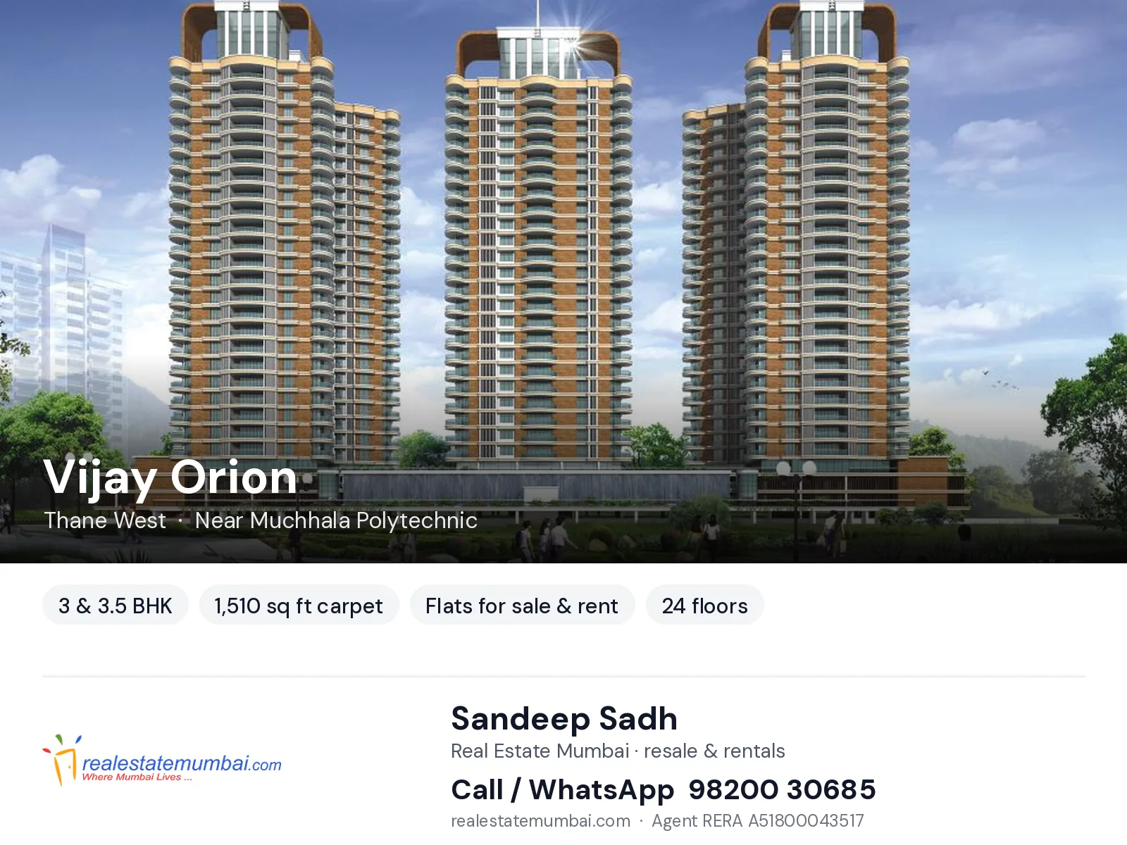 Vijay Orion, Thane West — 3 & 3.5 BHK flats for sale & rent | Real Estate Mumbai, Sandeep Sadh 98200 30685