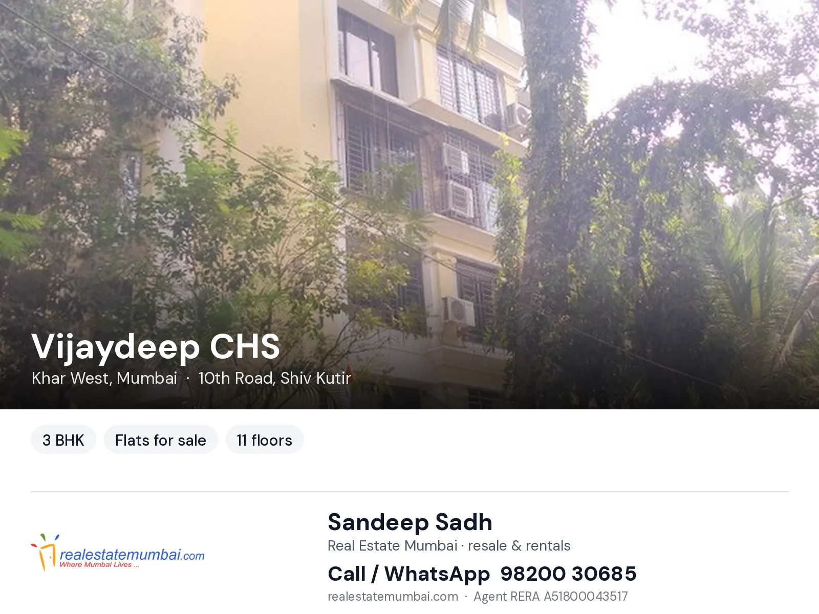 Vijaydeep CHS, Khar West, Mumbai — 3 BHK flats for sale | Real Estate Mumbai, Sandeep Sadh 98200 30685