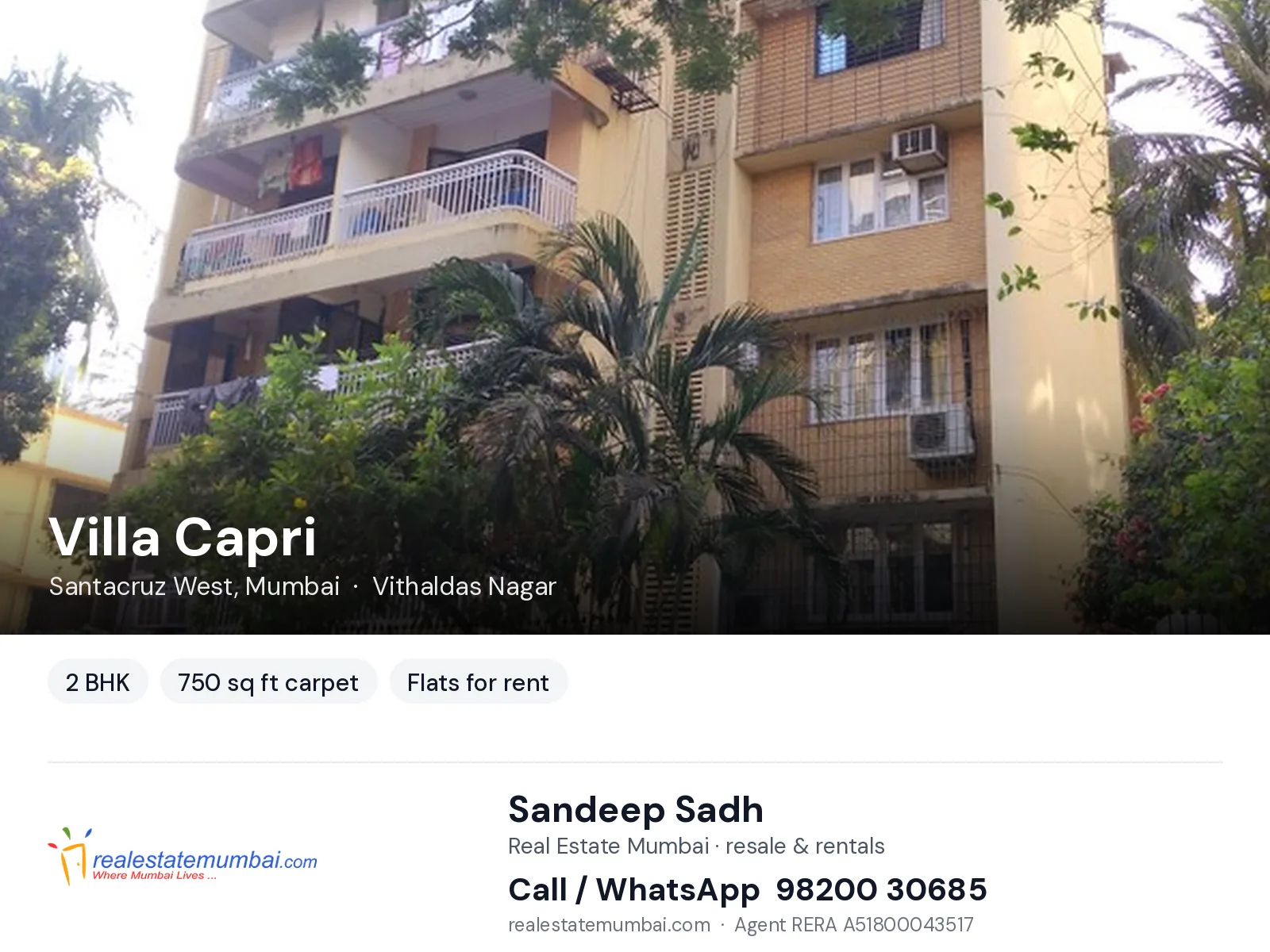 Villa Capri, Santacruz West, Mumbai — 2 BHK flats for rent | Real Estate Mumbai, Sandeep Sadh 98200 30685