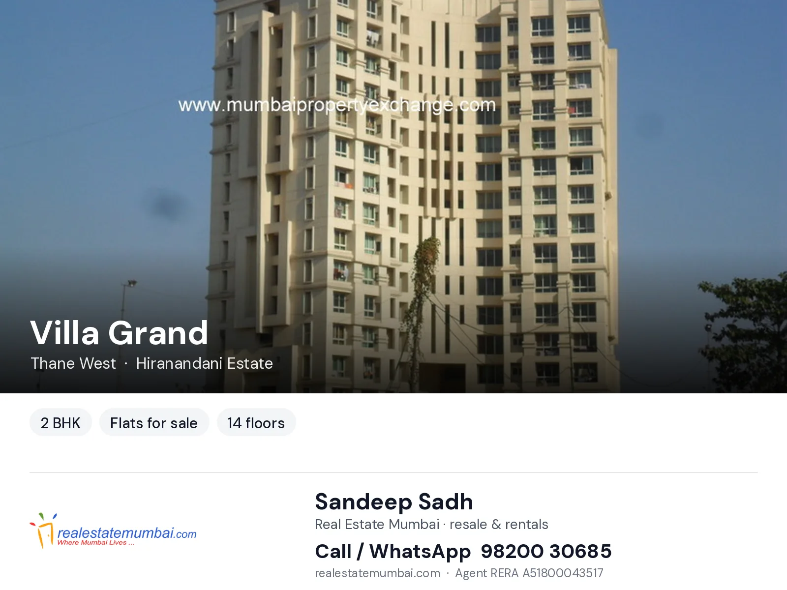Villa Grand, Thane West — 2 BHK flats for sale | Real Estate Mumbai, Sandeep Sadh 98200 30685