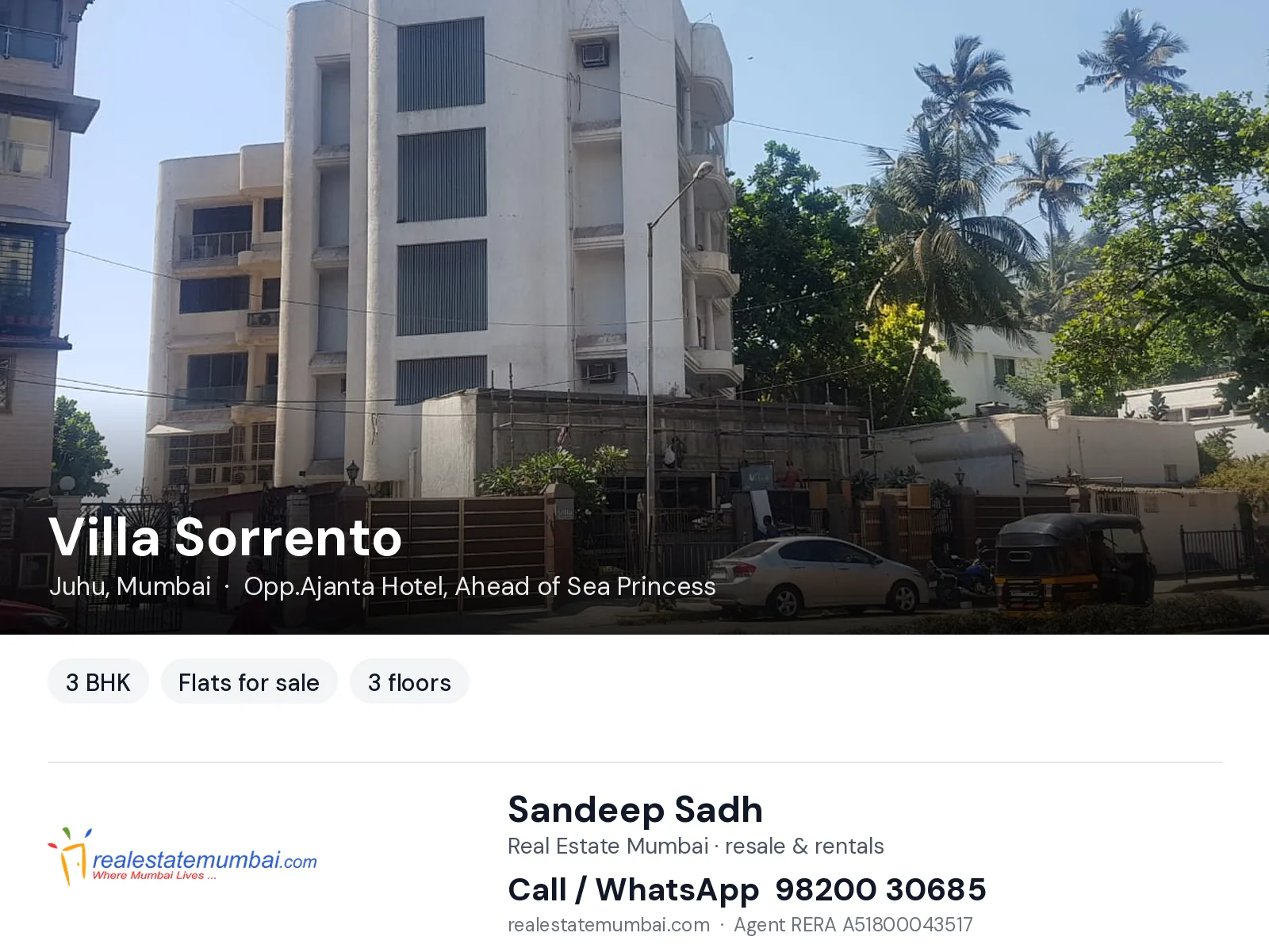 Villa Sorrento, Juhu, Mumbai — 3 BHK flats for sale | Real Estate Mumbai, Sandeep Sadh 98200 30685