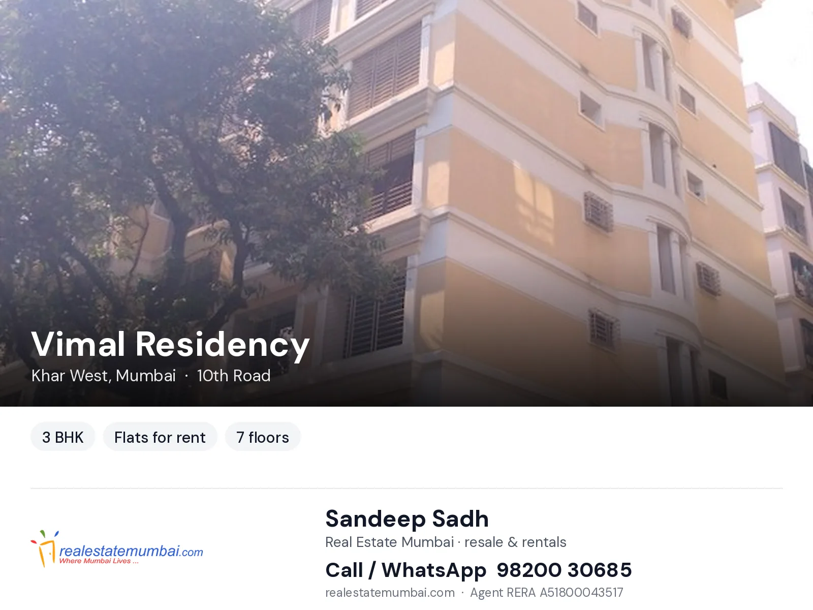 Vimal Residency, Khar West, Mumbai — 3 BHK flats for rent | Real Estate Mumbai, Sandeep Sadh 98200 30685