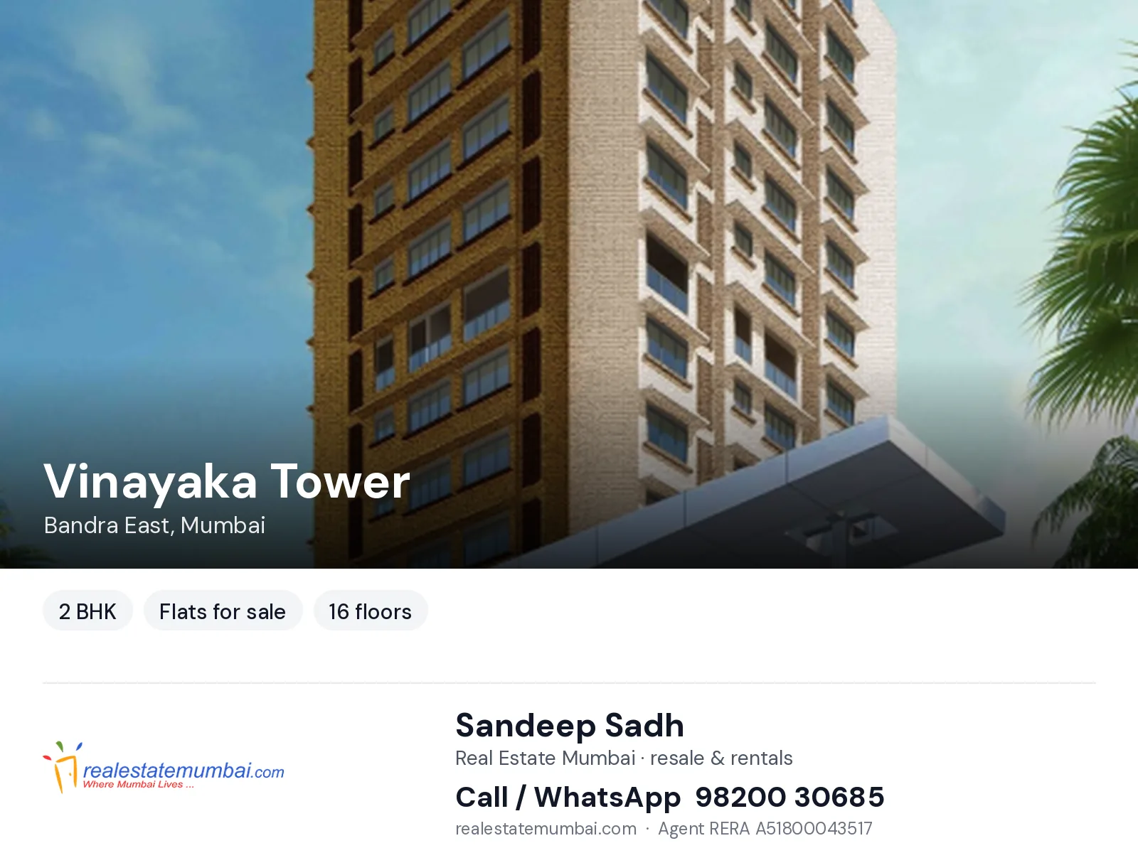 Vinayaka Tower, Bandra East, Mumbai — 2 BHK flats for sale | Real Estate Mumbai, Sandeep Sadh 98200 30685