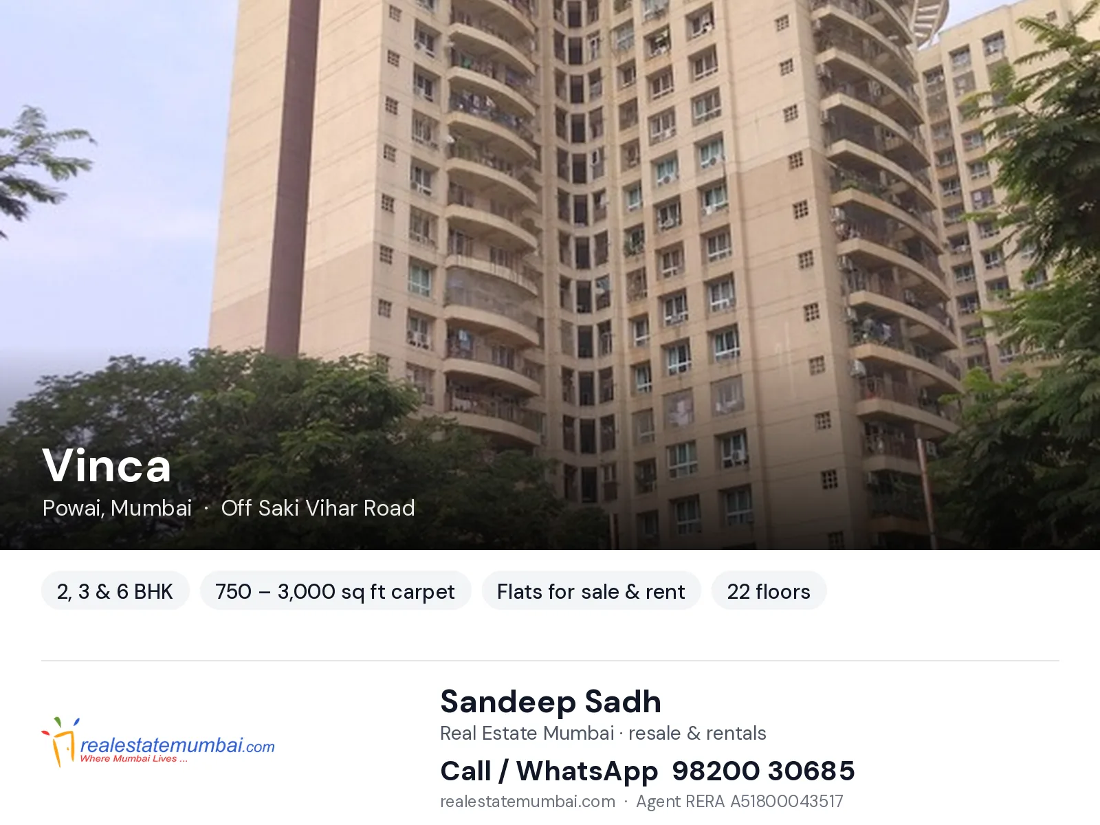 Vinca, Powai, Mumbai — 2, 3 & 6 BHK flats for sale & rent | Real Estate Mumbai, Sandeep Sadh 98200 30685