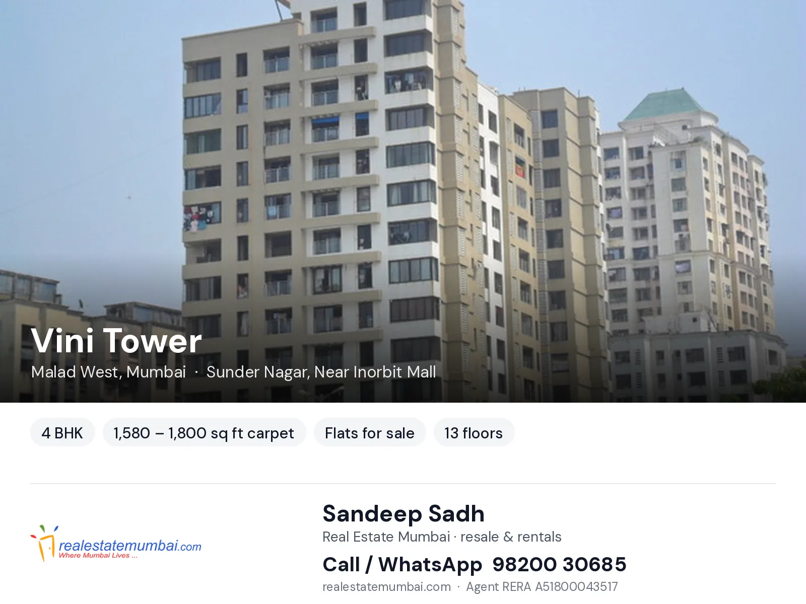 Vini Tower, Malad West, Mumbai — 4 BHK flats for sale | Real Estate Mumbai, Sandeep Sadh 98200 30685