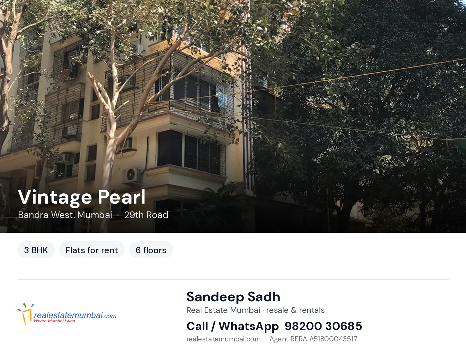 Vintage Pearl, Bandra West, Mumbai — 3 BHK flats for rent | Real Estate Mumbai, Sandeep Sadh 98200 30685