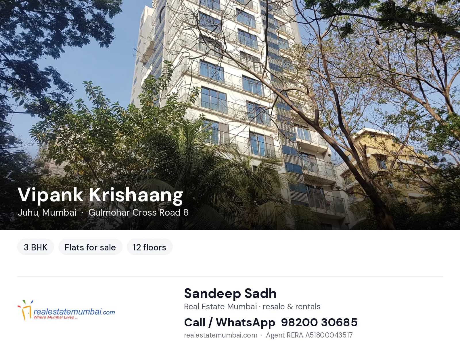 Vipank Krishaang, Juhu, Mumbai — 3 BHK flats for sale | Real Estate Mumbai, Sandeep Sadh 98200 30685