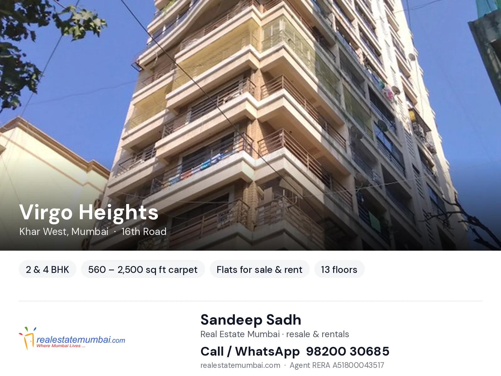 Virgo Heights, Khar West, Mumbai — 2 & 4 BHK flats for sale & rent | Real Estate Mumbai, Sandeep Sadh 98200 30685
