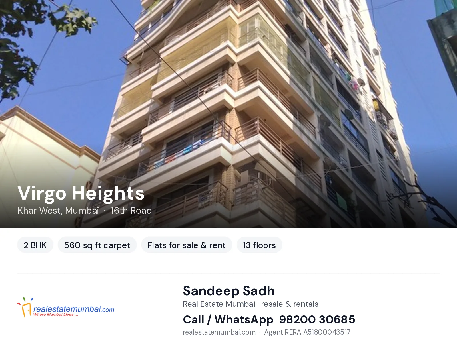 Virgo Heights, Khar West, Mumbai — 2 BHK flats for sale & rent | Real Estate Mumbai, Sandeep Sadh 98200 30685