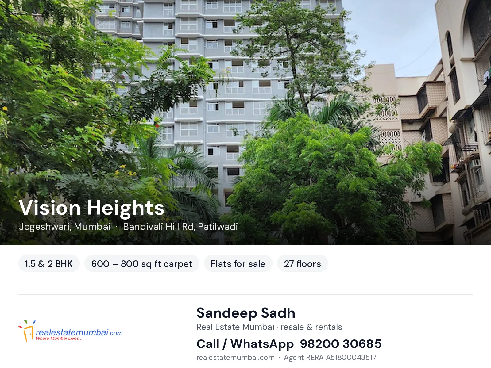 Vision Heights, Jogeshwari, Mumbai — 1.5 & 2 BHK flats for sale | Real Estate Mumbai, Sandeep Sadh 98200 30685