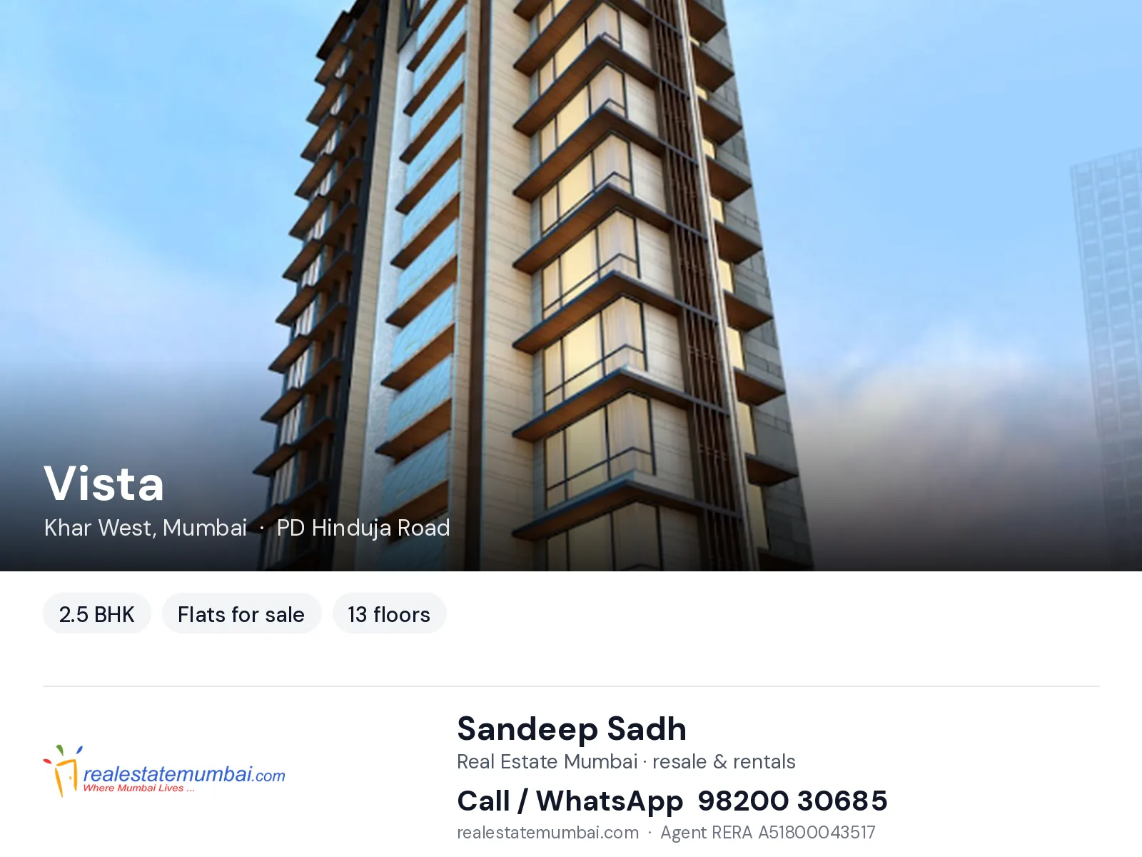 Vista, Khar West, Mumbai — 2.5 BHK flats for sale | Real Estate Mumbai, Sandeep Sadh 98200 30685