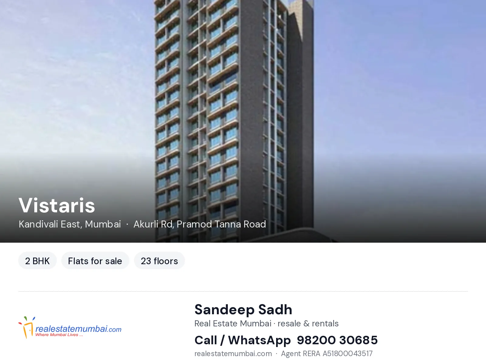 Vistaris, Kandivali East, Mumbai — 2 BHK flats for sale | Real Estate Mumbai, Sandeep Sadh 98200 30685