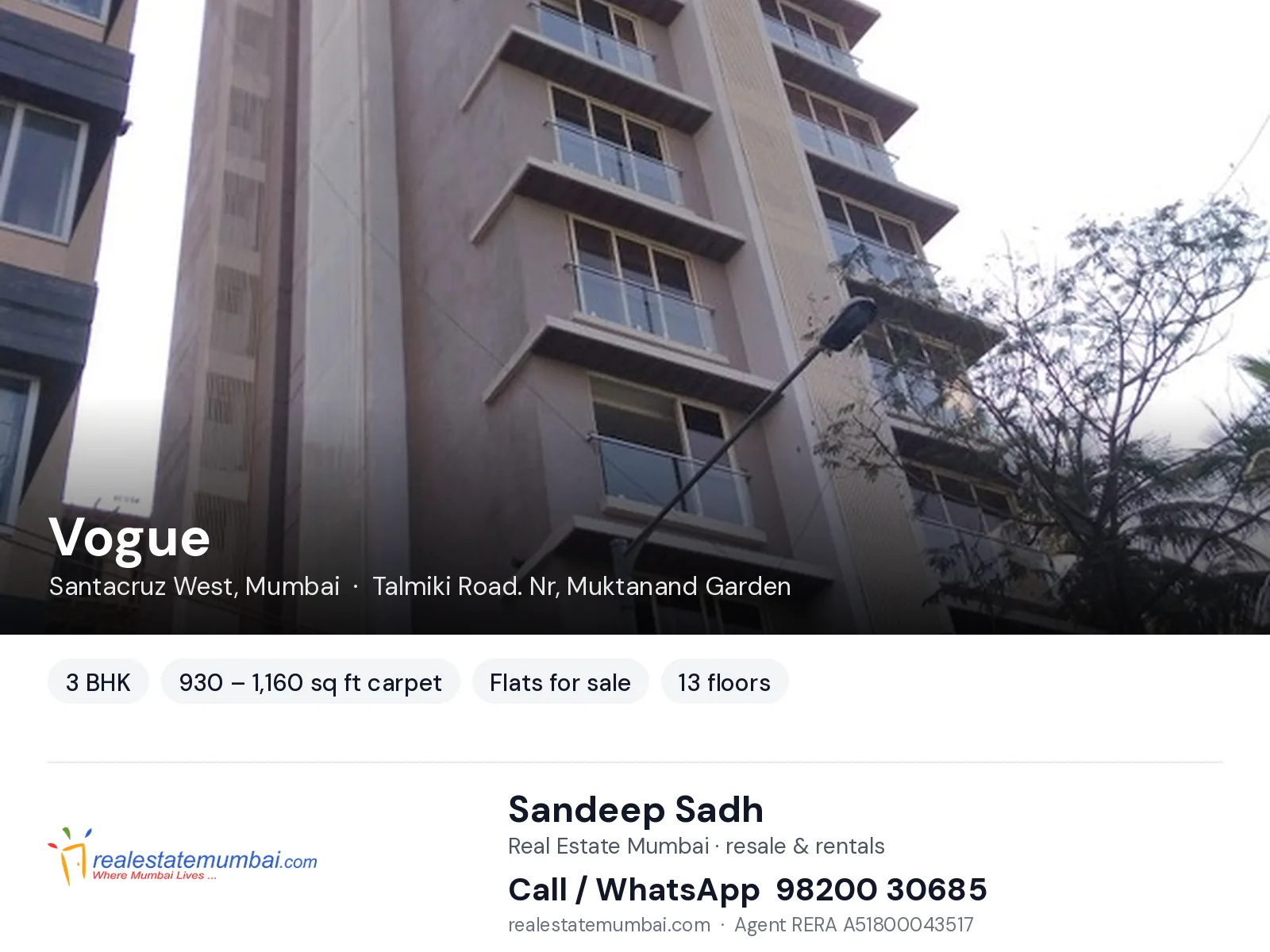 Vogue, Santacruz West, Mumbai — 3 BHK flats for sale | Real Estate Mumbai, Sandeep Sadh 98200 30685