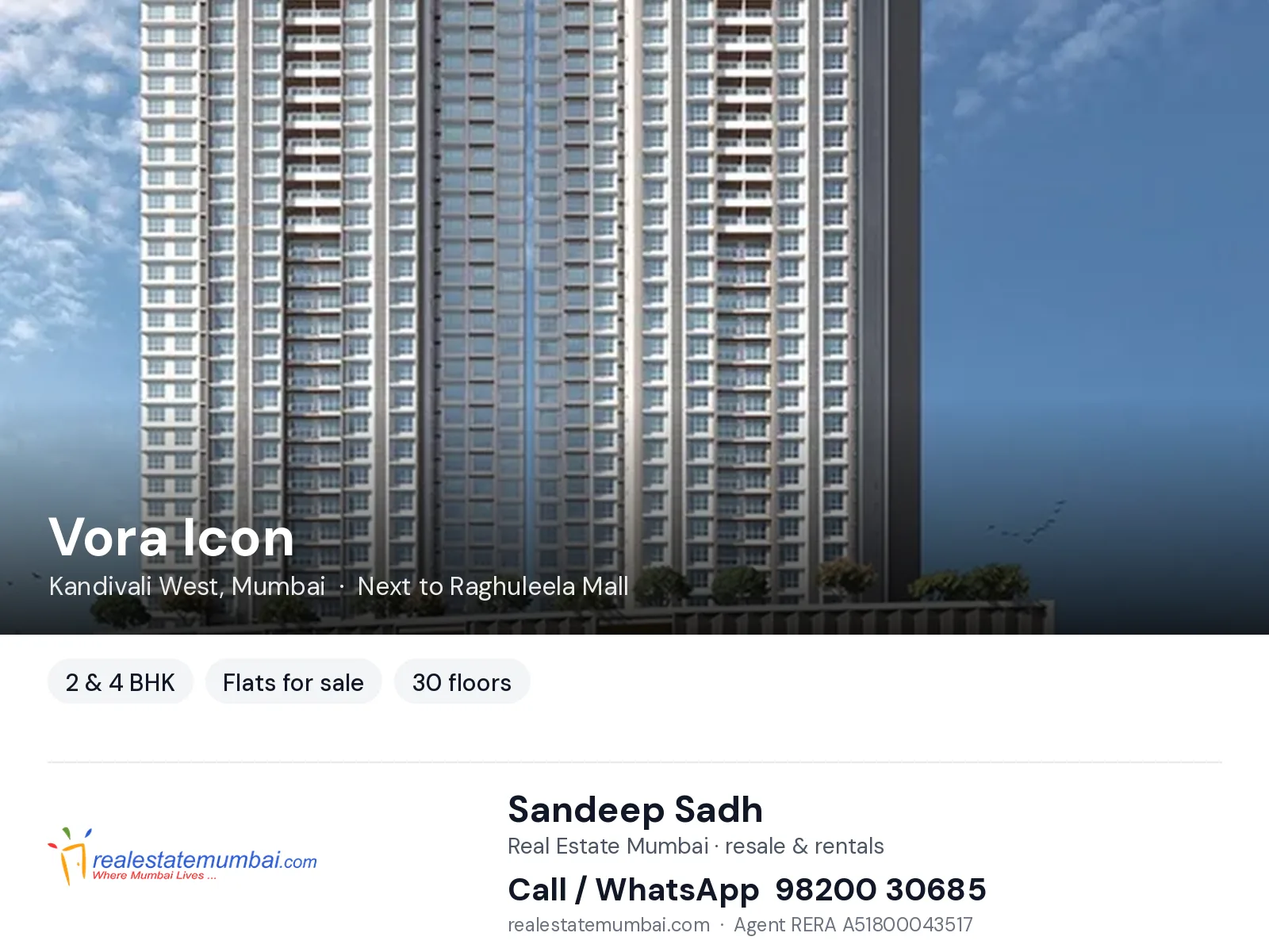 Vora Icon, Kandivali West, Mumbai — 2 & 4 BHK flats for sale | Real Estate Mumbai, Sandeep Sadh 98200 30685
