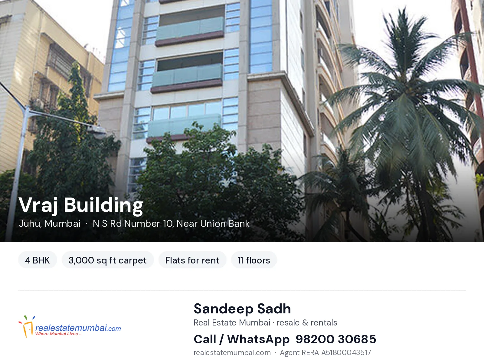 Vraj Building, Juhu, Mumbai — 4 BHK flats for rent | Real Estate Mumbai, Sandeep Sadh 98200 30685