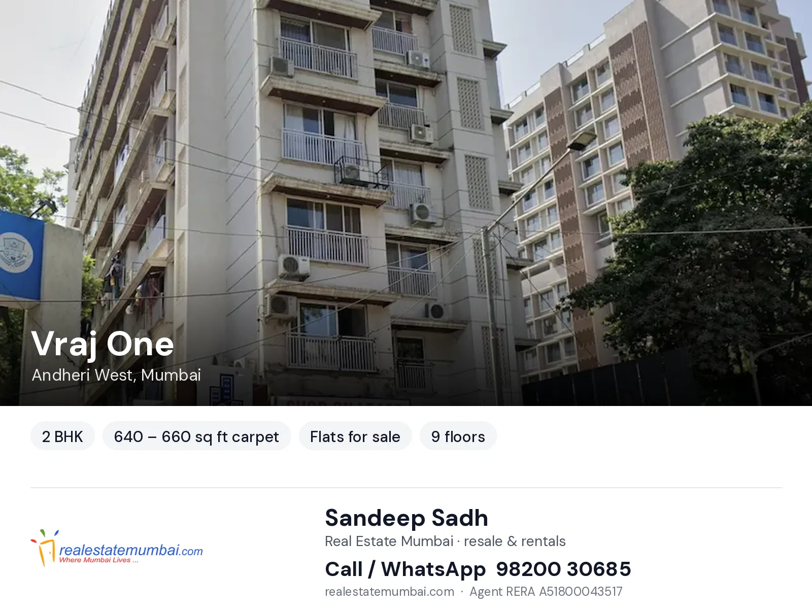 Vraj One, Andheri West, Mumbai — 2 BHK flats for sale | Real Estate Mumbai, Sandeep Sadh 98200 30685