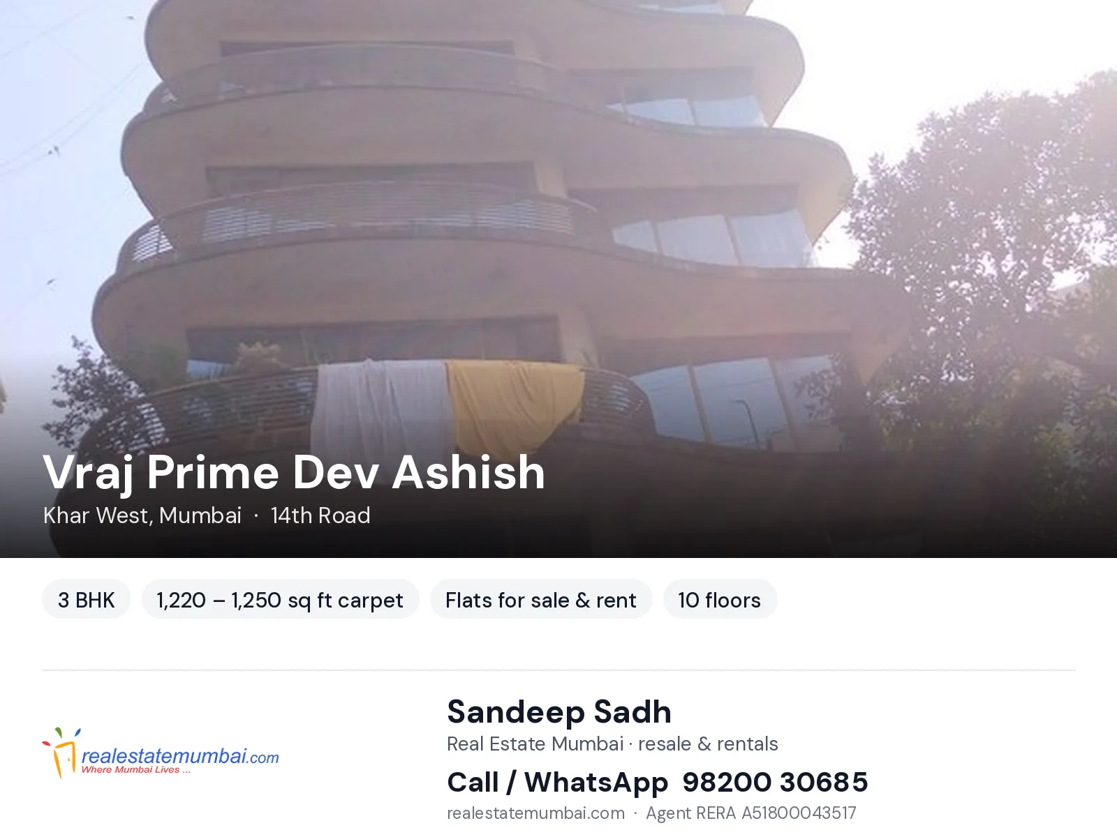 Vraj Prime Dev Ashish, Khar West, Mumbai — 3 BHK flats for sale & rent | Real Estate Mumbai, Sandeep Sadh 98200 30685