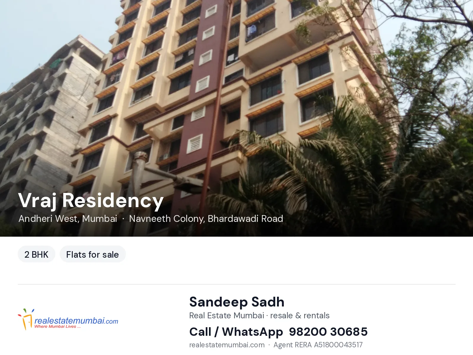 Vraj Residency, Andheri West, Mumbai — 2 BHK flats for sale | Real Estate Mumbai, Sandeep Sadh 98200 30685