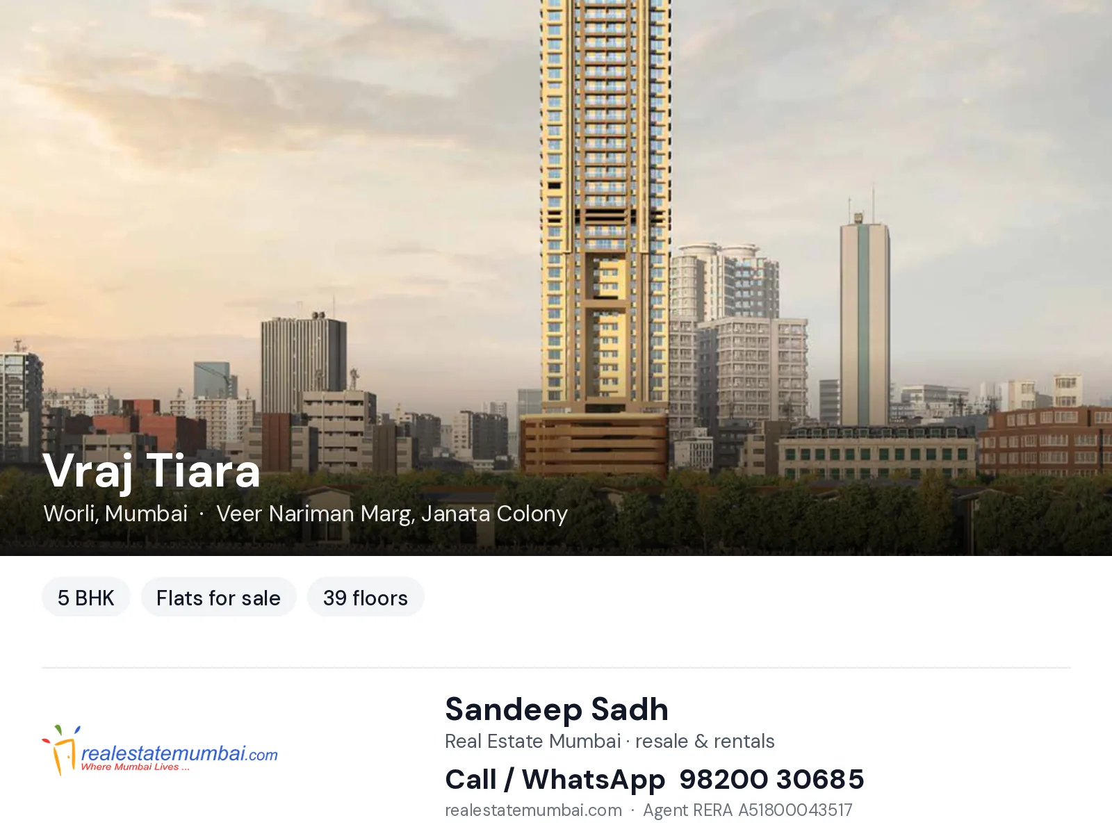 Vraj Tiara, Worli, Mumbai — 5 BHK flats for sale | Real Estate Mumbai, Sandeep Sadh 98200 30685