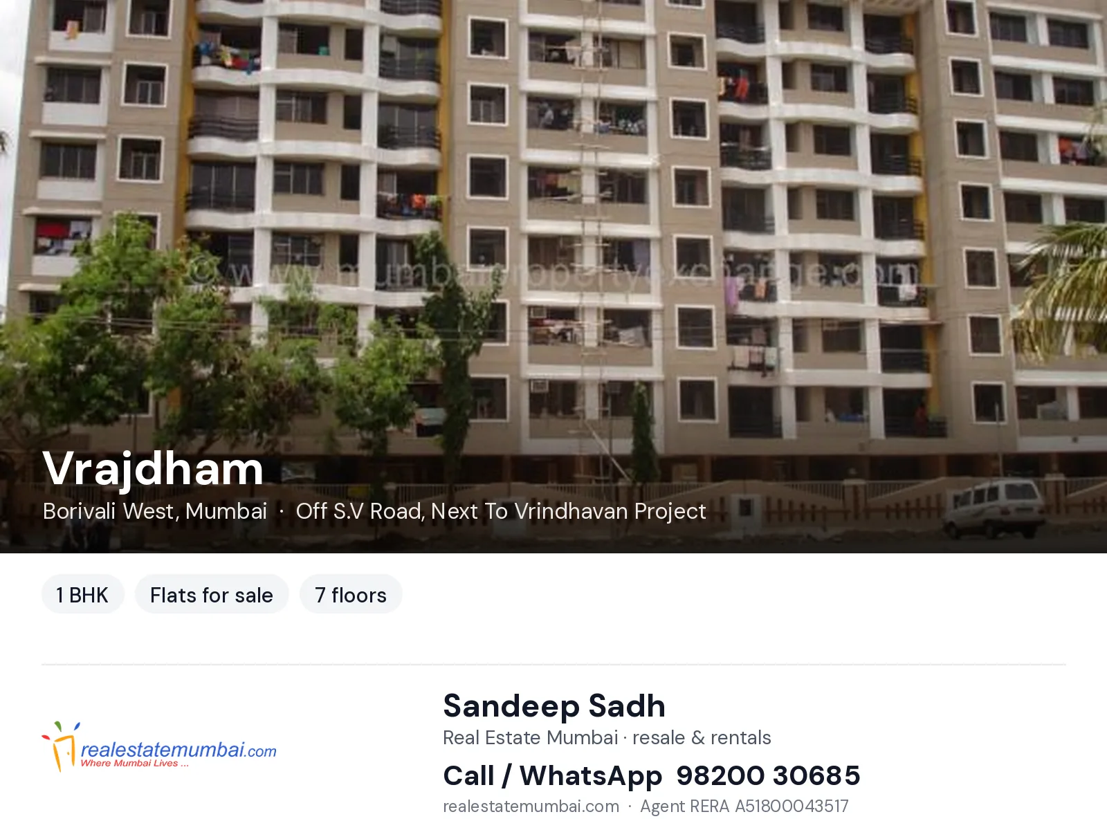 Vrajdham, Borivali West, Mumbai — 1 BHK flats for sale | Real Estate Mumbai, Sandeep Sadh 98200 30685