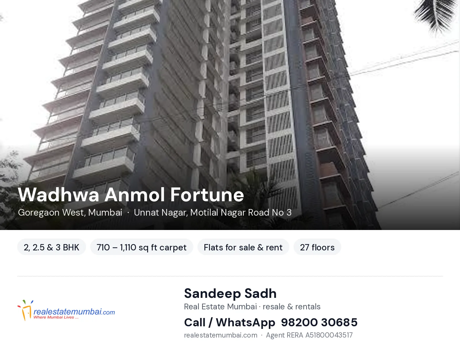 Wadhwa Anmol Fortune, Goregaon West, Mumbai — 2, 2.5 & 3 BHK flats for sale & rent | Real Estate Mumbai, Sandeep Sadh 98200 30685