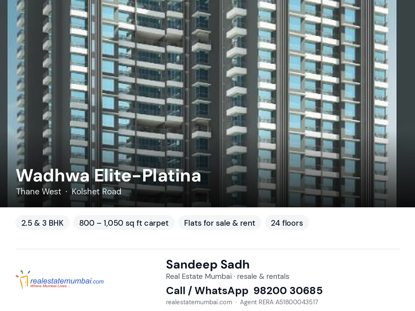 Wadhwa Elite-Platina, Thane West — 2.5 & 3 BHK flats for sale & rent | Real Estate Mumbai, Sandeep Sadh 98200 30685
