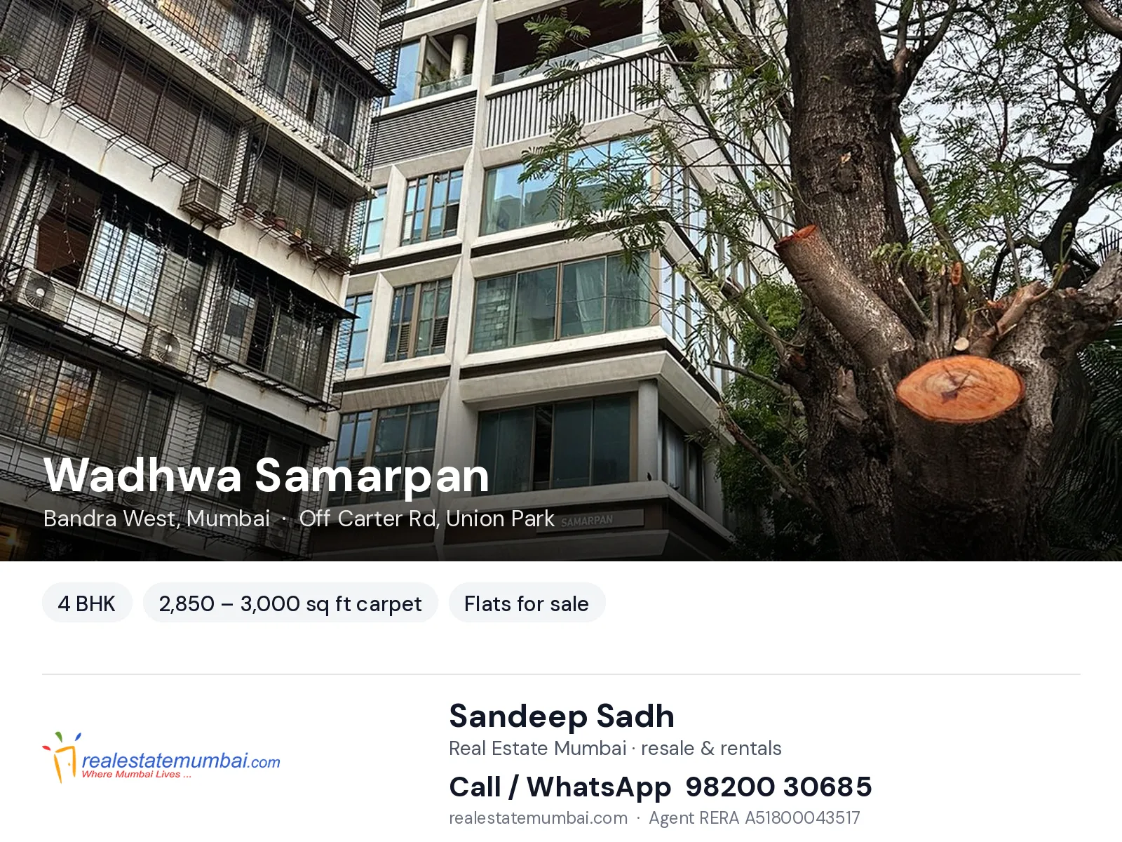 Wadhwa Samarpan, Bandra West, Mumbai — 4 BHK flats for sale | Real Estate Mumbai, Sandeep Sadh 98200 30685