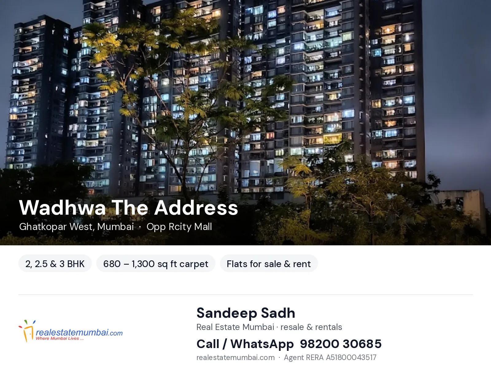 Wadhwa The Address, Ghatkopar West, Mumbai — 2, 2.5 & 3 BHK flats for sale & rent | Real Estate Mumbai, Sandeep Sadh 98200 30685