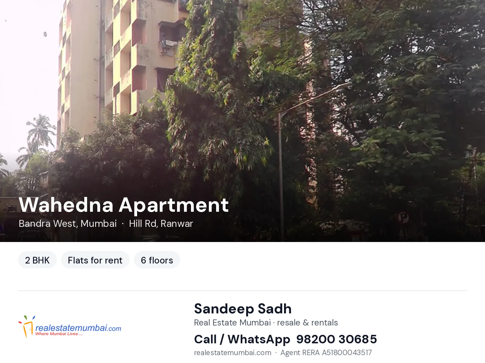 Wahedna Apartment, Bandra West, Mumbai — 2 BHK flats for rent | Real Estate Mumbai, Sandeep Sadh 98200 30685