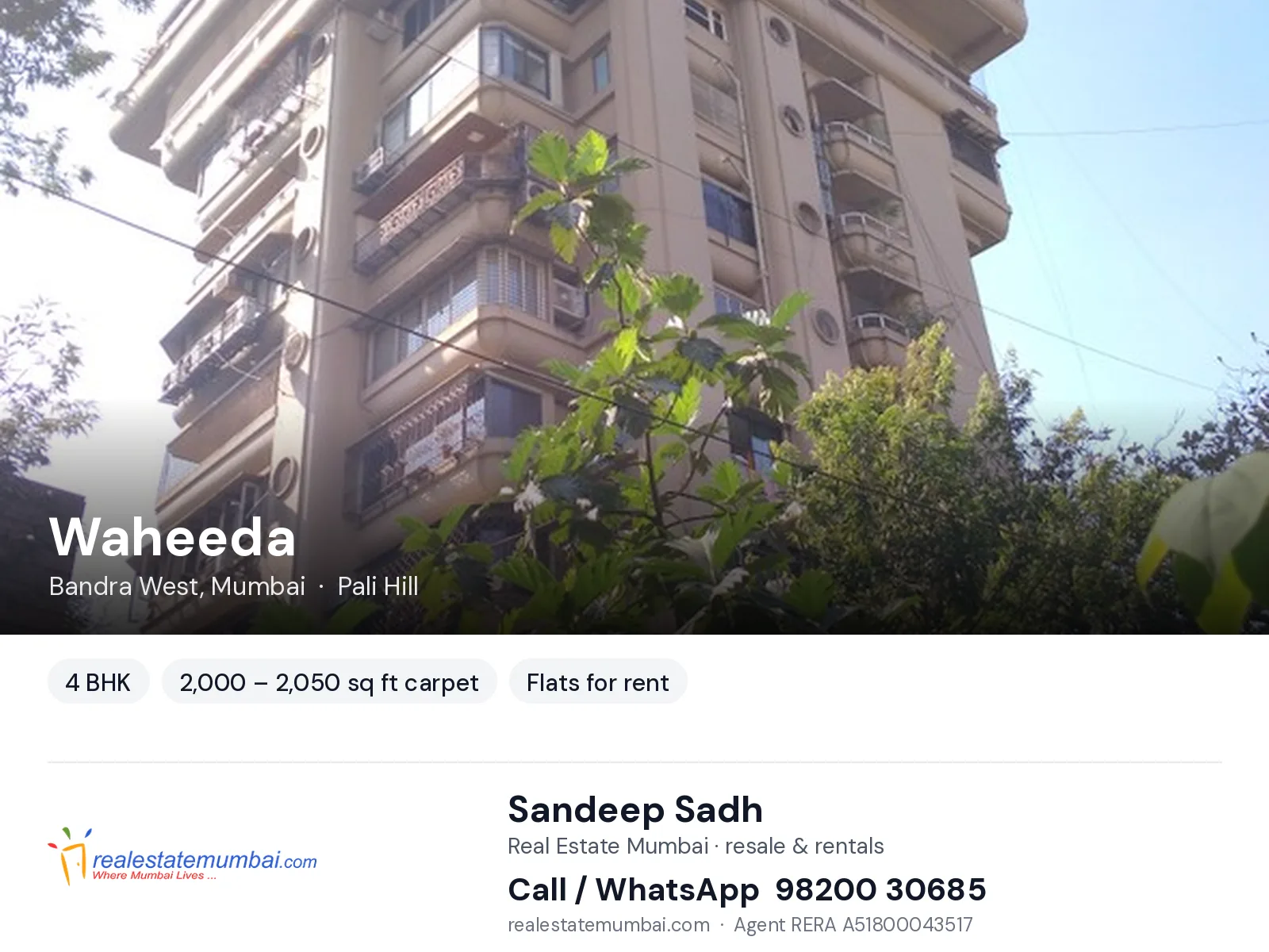 Waheeda, Bandra West, Mumbai — 4 BHK flats for rent | Real Estate Mumbai, Sandeep Sadh 98200 30685
