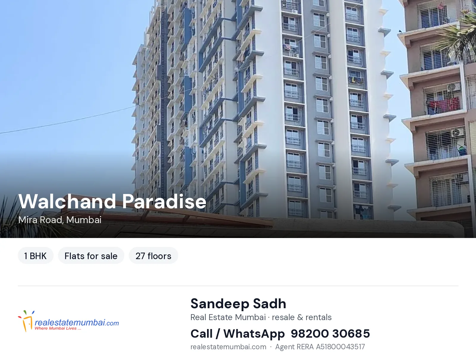Walchand Paradise, Mira Road, Mumbai — 1 BHK flats for sale | Real Estate Mumbai, Sandeep Sadh 98200 30685