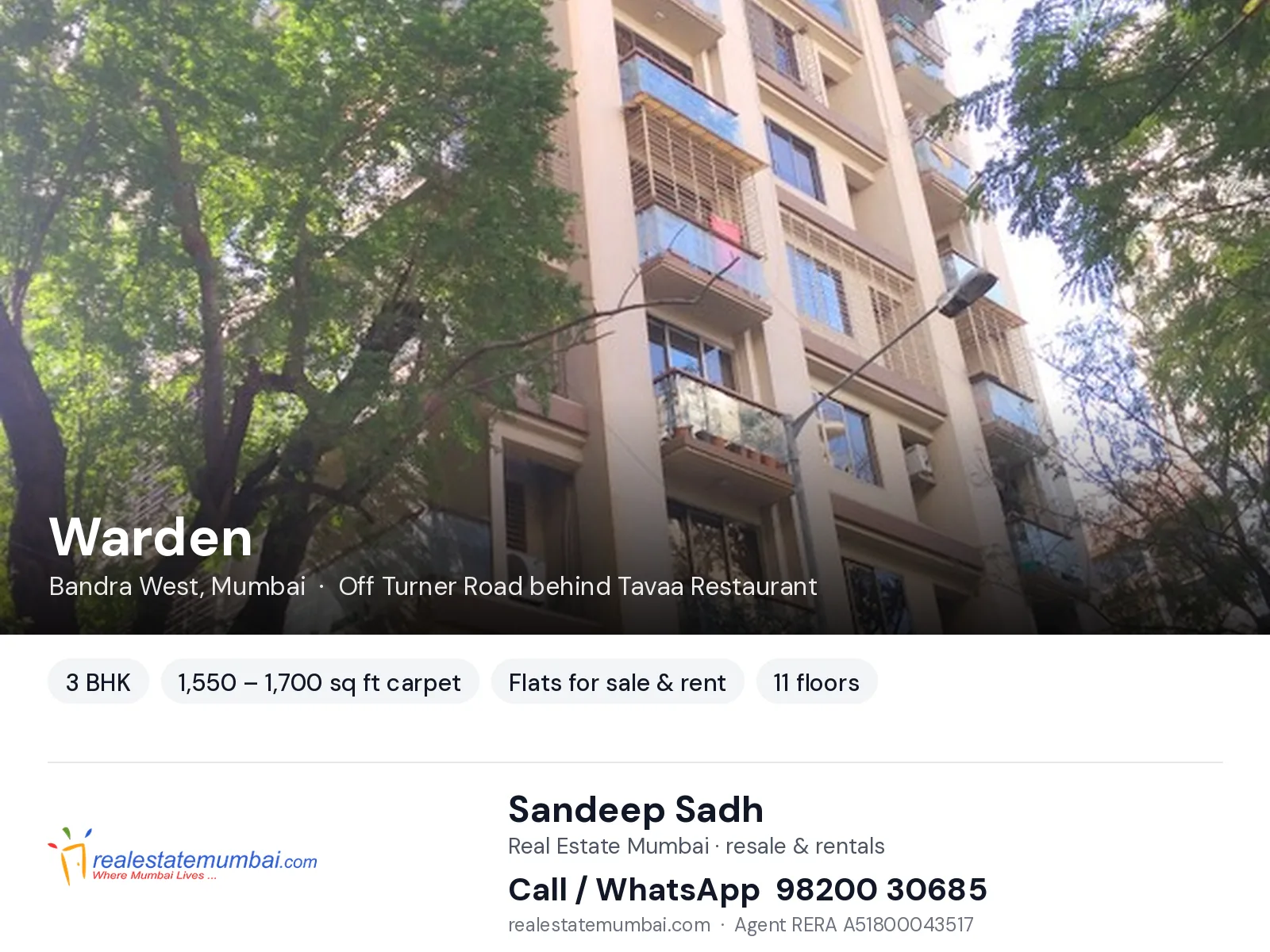Warden, Bandra West, Mumbai — 3 BHK flats for sale & rent | Real Estate Mumbai, Sandeep Sadh 98200 30685