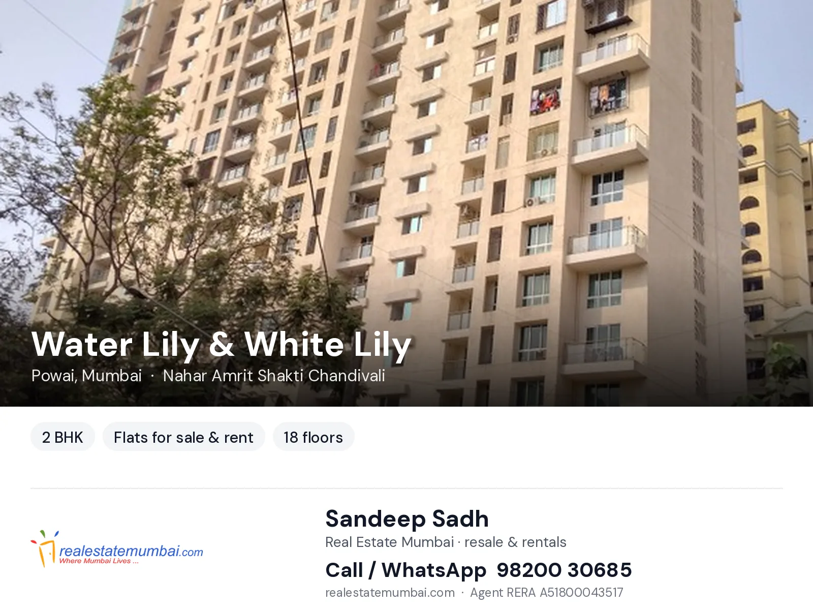 Water Lily & White Lily, Powai, Mumbai — 2 BHK flats for sale & rent | Real Estate Mumbai, Sandeep Sadh 98200 30685