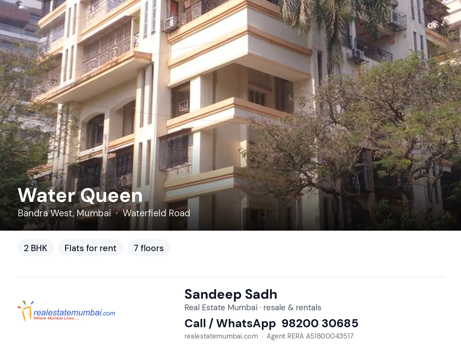Water Queen, Bandra West, Mumbai — 2 BHK flats for rent | Real Estate Mumbai, Sandeep Sadh 98200 30685