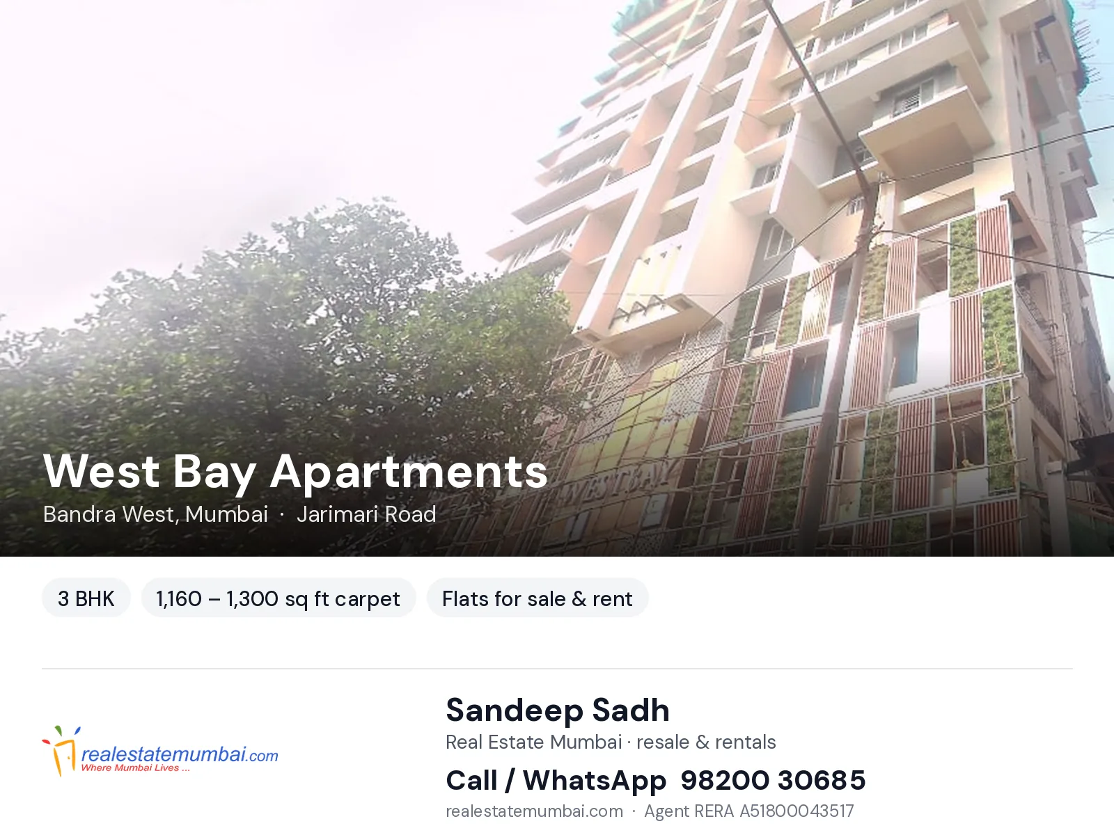 West Bay Apartments, Bandra West, Mumbai — 3 BHK flats for sale & rent | Real Estate Mumbai, Sandeep Sadh 98200 30685