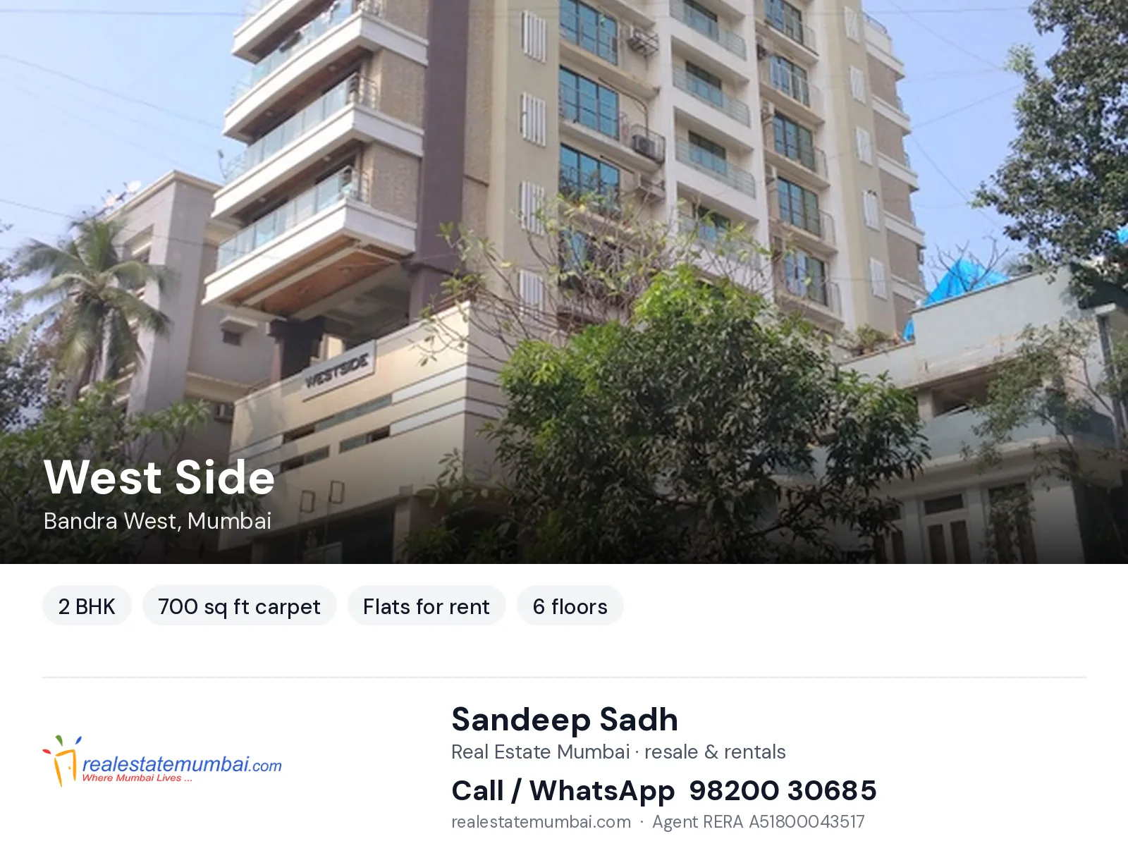 West Side, Bandra West, Mumbai — 2 BHK flats for rent | Real Estate Mumbai, Sandeep Sadh 98200 30685